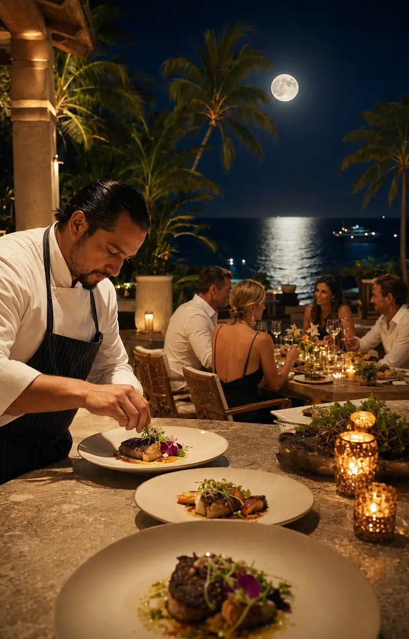 Chef privado sirviendo la cena en la terraza de la residencia