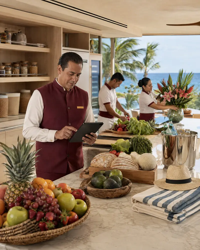 Concierge recibiendo compras frescas en la cocina